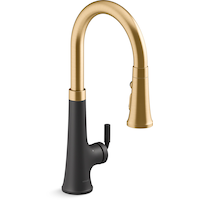 Kohler Tone™ Touchless Pull Down Single Handle Kitchen Sink Faucet, Matte Black/ModerneBrass Front_Three_Fourths_Angled_Right