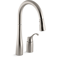 Kohler Simplice® Double Hole Kitchen Sink Faucet, 16-1/8" Pull Down Swing Spout, Three Function Sprayhead, Stainless Steel Front_Three_Fourths_Angled_Right