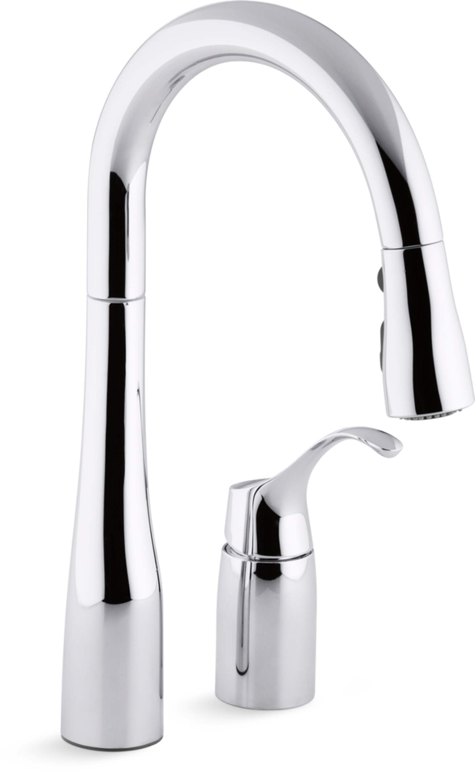 Kohler Simplice® Double Hole Kitchen Sink Faucet, 14-3/4" Pull Down Swing Spout, Three Function Sprayhead, Polished Chrome Front_Three_Fourths_Angled_Right