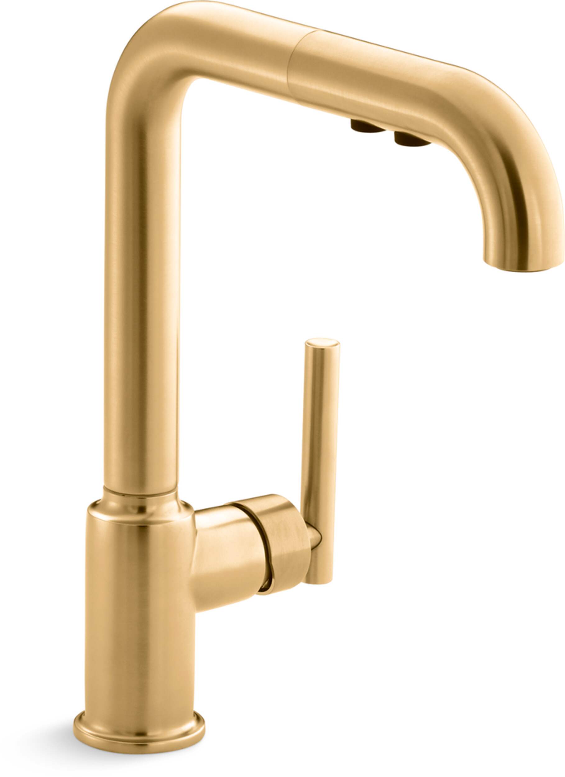 Kohler Purist<sup>MD</sup> Robinet de cuisine à trou unique avec bec extractible 8 po, laiton moderne brossé éclatant Front_Three_Fourths_Angled_Right