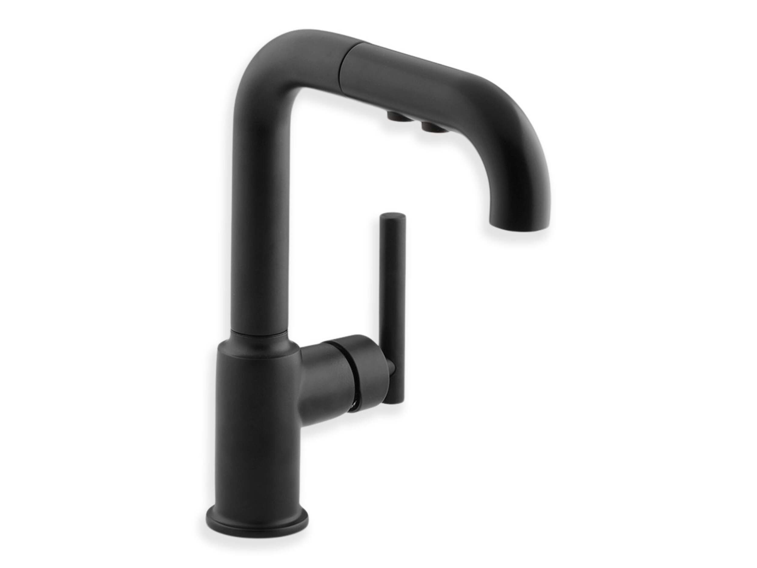 Kohler Purist<sup>MD</sup> Robinet de cuisine à trou unique avec bec extractible 7 po, noir mat Front_Three_Fourths_Angled_Right
