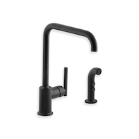 Kohler Purist® Double Hole Kitchen Sink Faucet with 8" Spout, Sidespray, Matte Black Front_Three_Fourths_Angled_Right