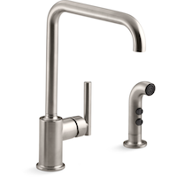 Kohler Purist® Double Hole Kitchen Sink Faucet with 8" Spout, Sidespray, Vibrant Stainless Front_Three_Fourths_Angled_Right