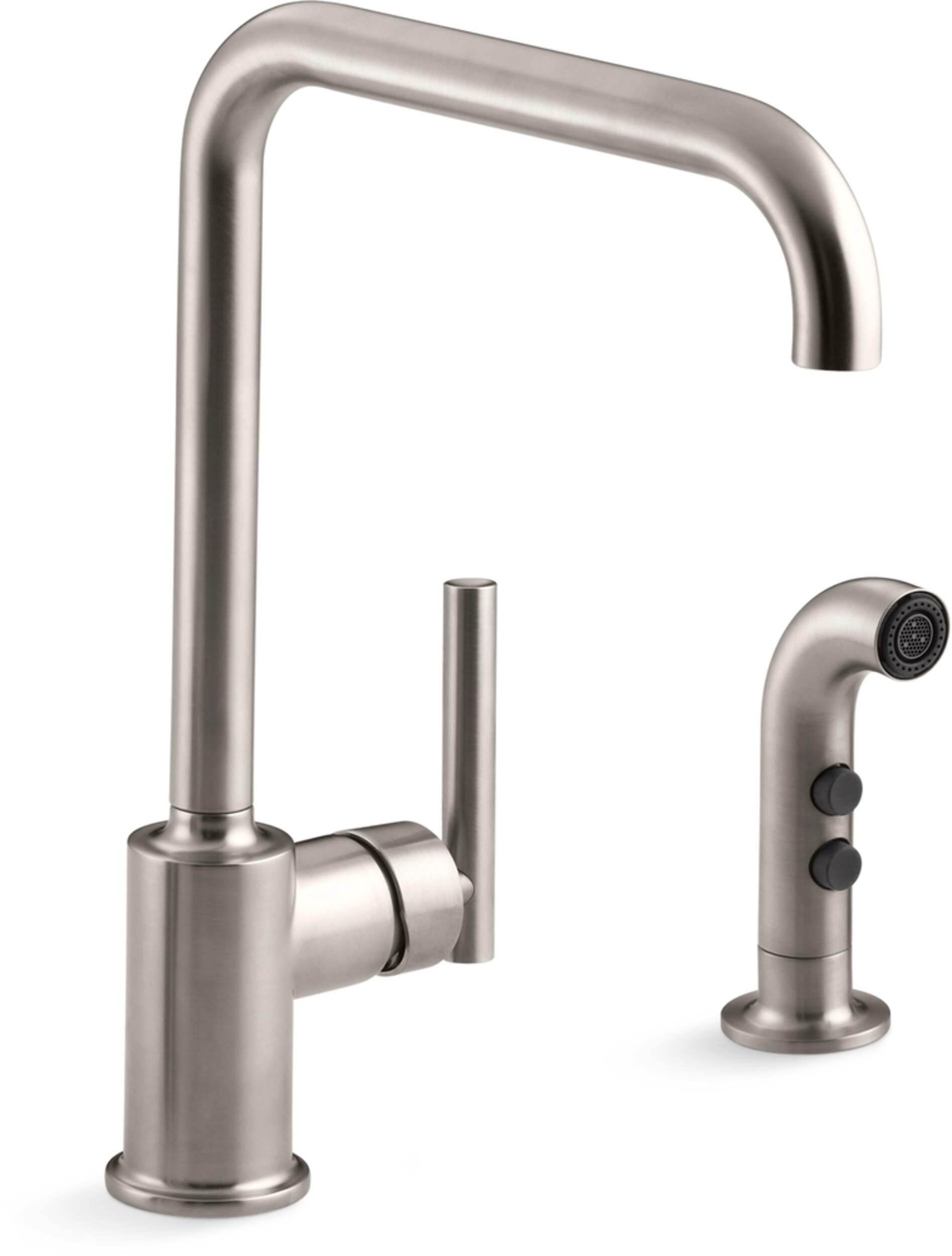 Kohler Purist® Double Hole Kitchen Sink Faucet with 8" Spout, Sidespray, Vibrant Stainless Front_Three_Fourths_Angled_Right