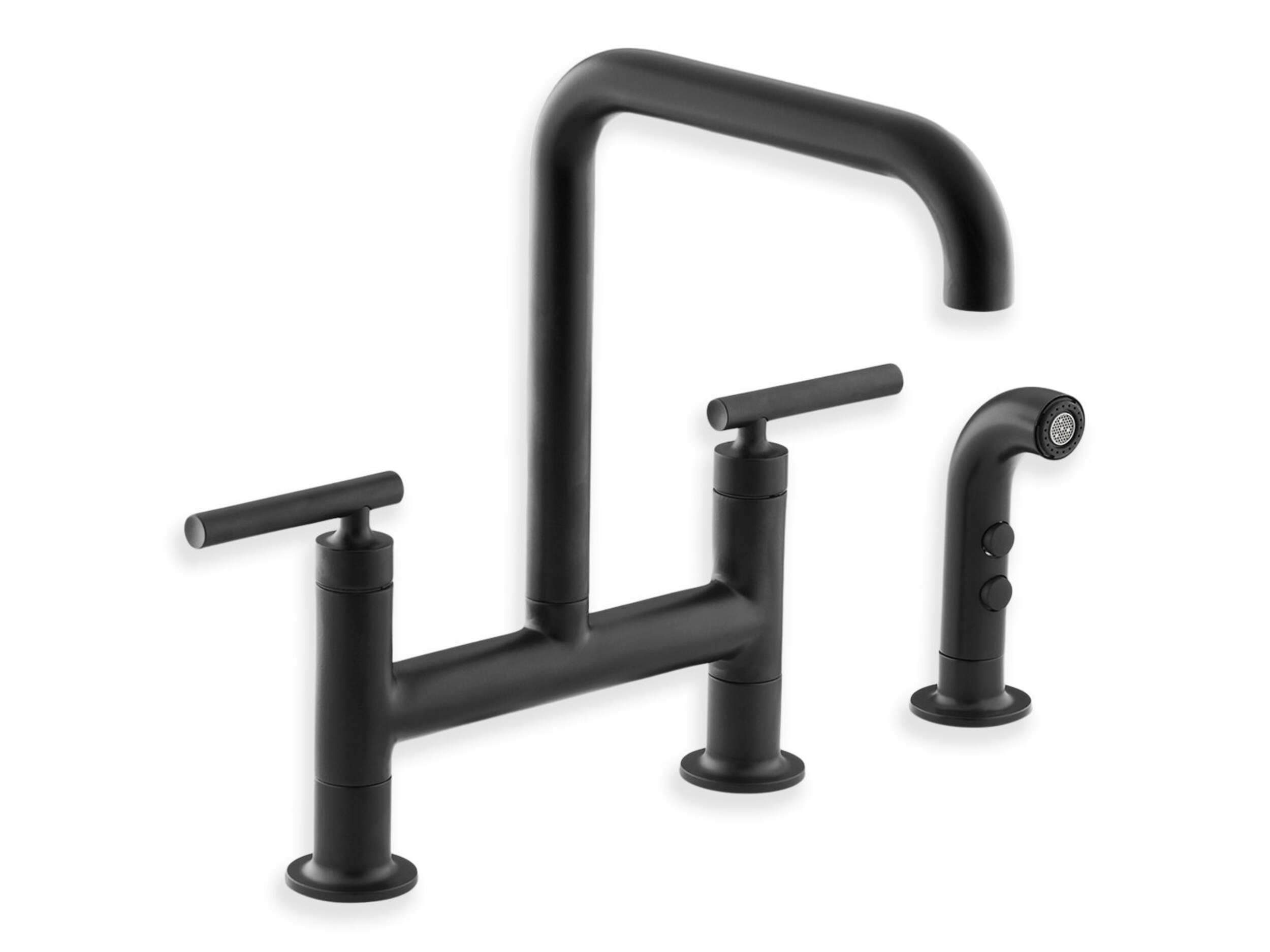 Kohler Purist<sup>MD</sup> Robinet de cuisine double trou à montage sur comptoir avec bec 8 3/8 po, jet latéral, noir mat Front_Three_Fourths_Angled_Right