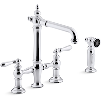 Kohler Artifacts® Deck Mount Bridge Kitchen Sink Faucet with Lever Handles and Sidespray, Polished Chrome Front_Three_Fourths_Angled_Right
