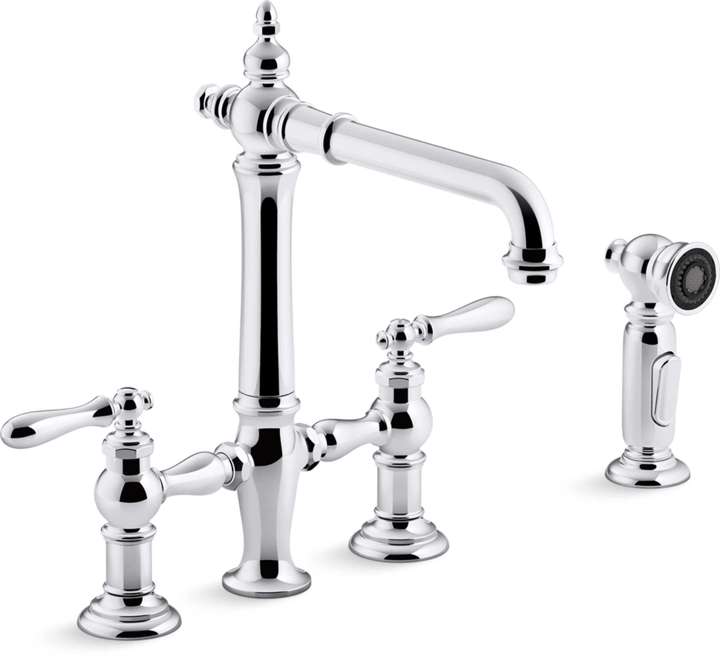 Kohler Artifacts® Deck Mount Bridge Kitchen Sink Faucet with Lever Handles and Sidespray, Polished Chrome Front_Three_Fourths_Angled_Right