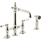 Kohler Artifacts® Deck Mount Bridge Kitchen Sink Faucet with Lever Handles and Sidespray, Vibrant Polished Nickel Front_Three_Fourths_Angled_Right