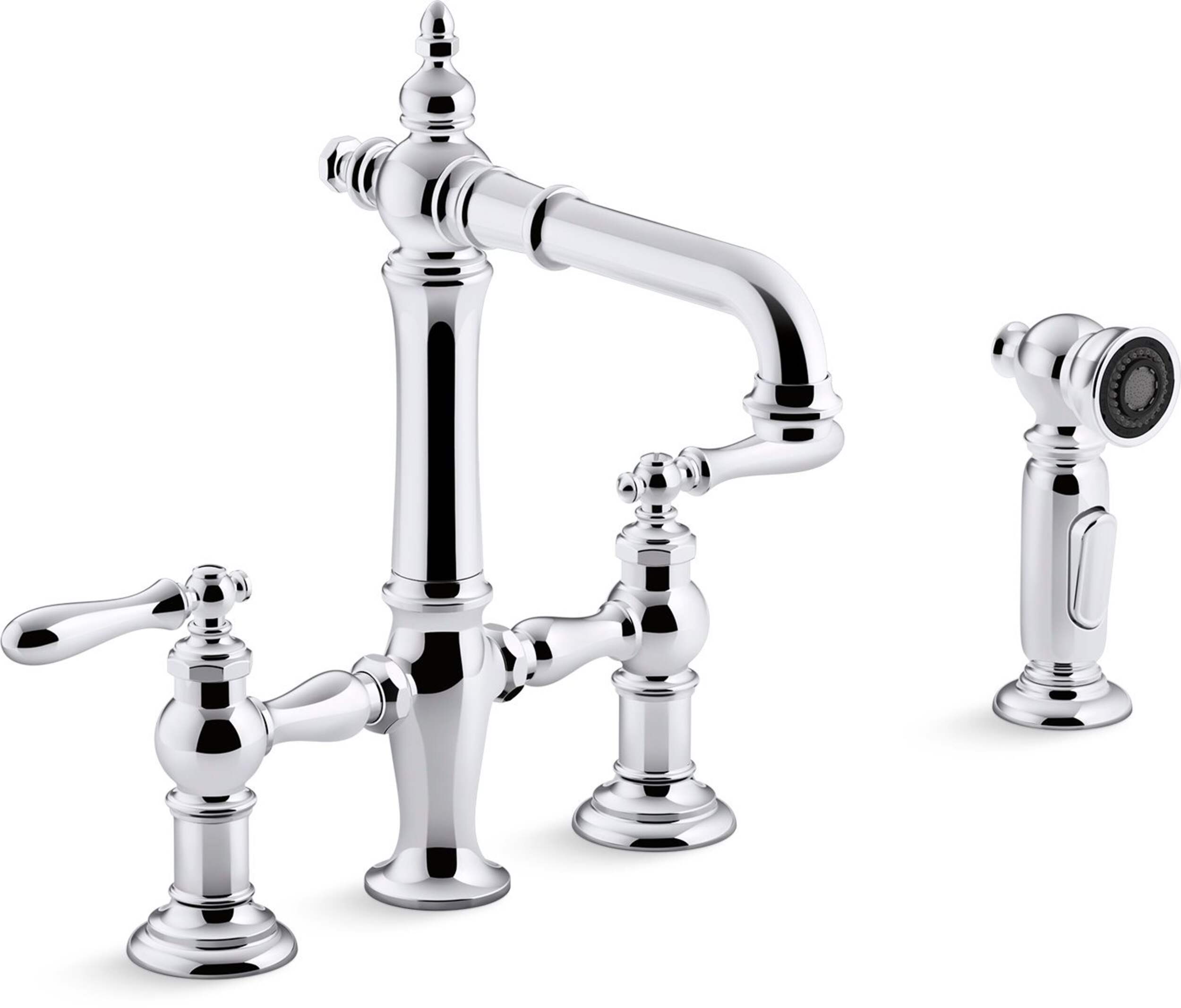 Kohler Artifacts® Deck Mount Bridge Bar Sink Faucet with Lever Handles and Sidespray, Polished Chrome Front_Three_Fourths_Angled_Right
