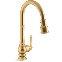 Kohler Artifacts® Single Hole Kitchen Sink Faucet with 17-5/8" Pull Down Spout, Lever Handle, Vibrant Brushed Moderne Brass Front_Three_Fourths_Angled_Right