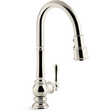 Kohler Artifacts® Single Hole Kitchen Sink Faucet with 17-5/8" Pull Down Spout, Lever Handle, Vibrant Polished Nickel Front_Three_Fourths_Angled_Right