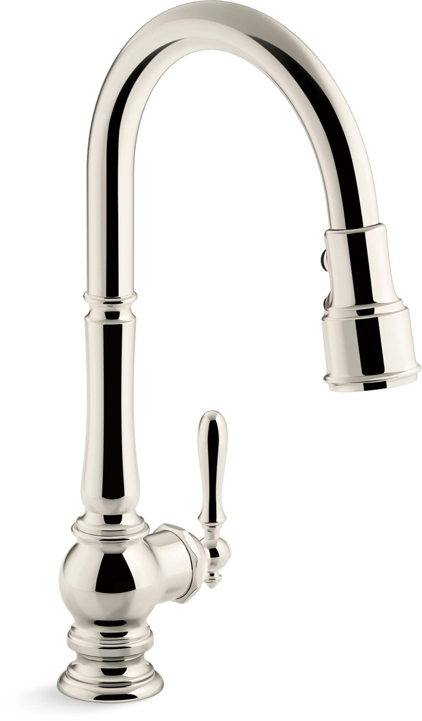 Kohler Artifacts® Single Hole Kitchen Sink Faucet with 17-5/8" Pull Down Spout, Lever Handle, Vibrant Polished Nickel Front_Three_Fourths_Angled_Right