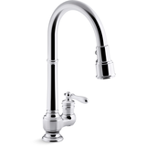 Kohler Artifacts® Single Hole Kitchen Sink Faucet with 17-5/8" Pull Down Spout, Three Function Sprayhead, Polished Chrome Front_Three_Fourths_Angled_Right