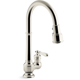 Kohler Artifacts® Single Hole Kitchen Sink Faucet with 17-5/8" Pull Down Spout, Three Function Sprayhead, Vibrant Polished Nickel Front_Three_Fourths_Angled_Right