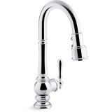 Kohler Artifacts® Single Hole Kitchen Sink Faucet with 16" Pull Down Spout, Lever Handle, Polished Chrome Front_Three_Fourths_Angled_Right