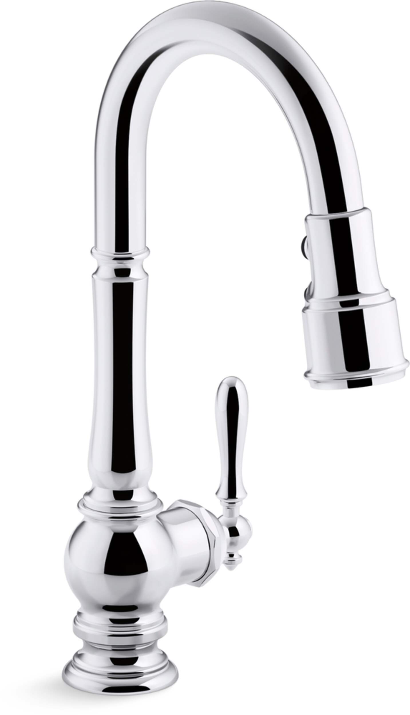 Kohler Artifacts® Single Hole Kitchen Sink Faucet with 16" Pull Down Spout, Lever Handle, Polished Chrome Front_Three_Fourths_Angled_Right