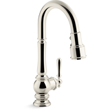 Kohler Artifacts® Single Hole Kitchen Sink Faucet with 16" Pull Down Spout, Lever Handle, Vibrant Polished Nickel Front_Three_Fourths_Angled_Right