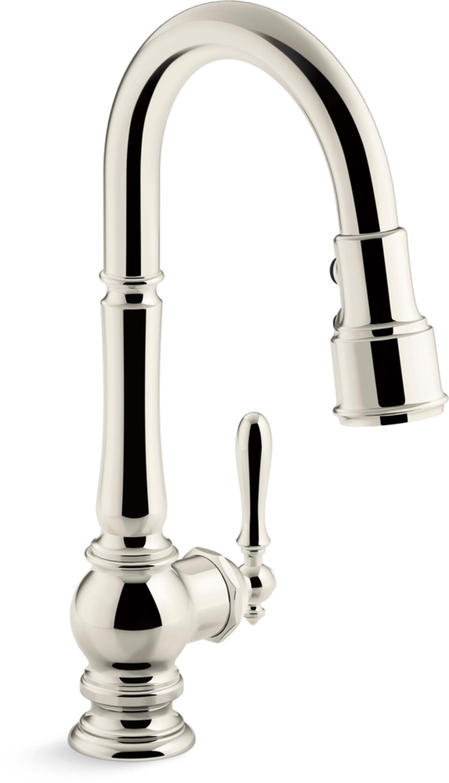 Kohler Artifacts® Single Hole Kitchen Sink Faucet with 16" Pull Down Spout, Lever Handle, Vibrant Polished Nickel Front_Three_Fourths_Angled_Right