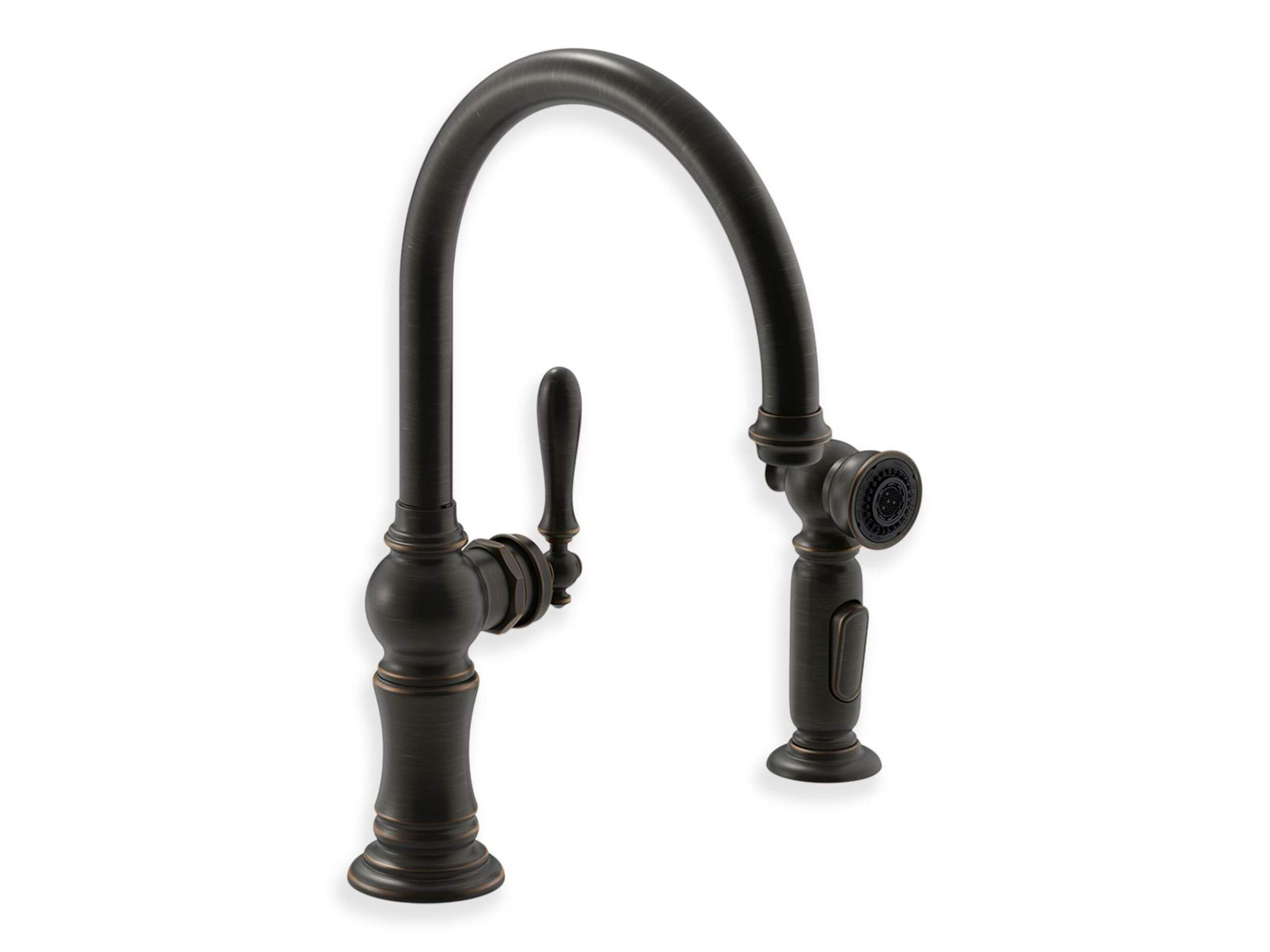Kohler Artifacts® Double Hole Kitchen Sink Faucet with 14-11/16" Swing Spout, Two Function Side Spray, Oil Rubbed Bronze Front_Three_Fourths_Angled_Right