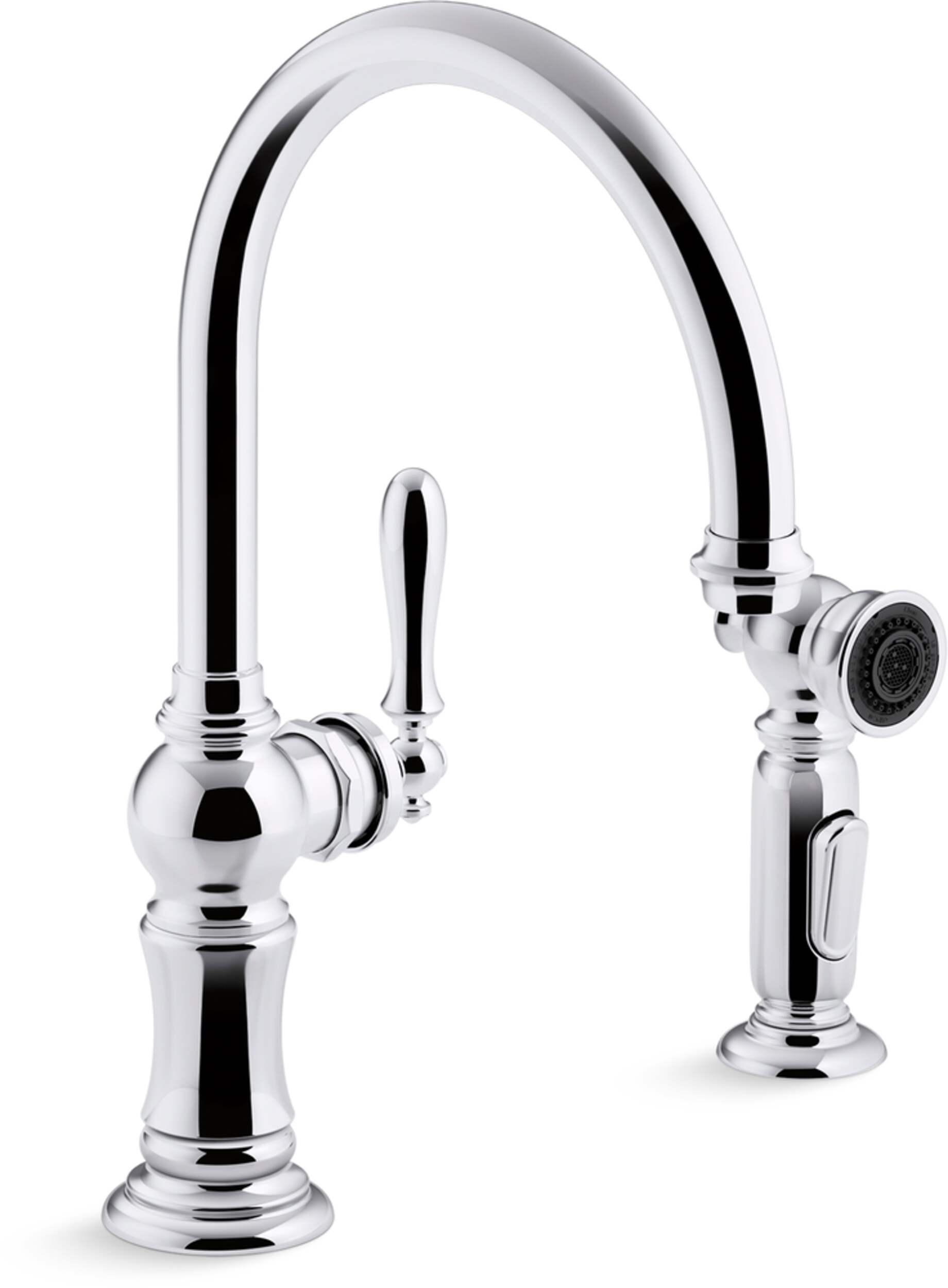 Kohler Artifacts® Double Hole Kitchen Sink Faucet with 14-11/16" Swing Spout, Two Function Side Spray, Polished Chrome Front_Three_Fourths_Angled_Right