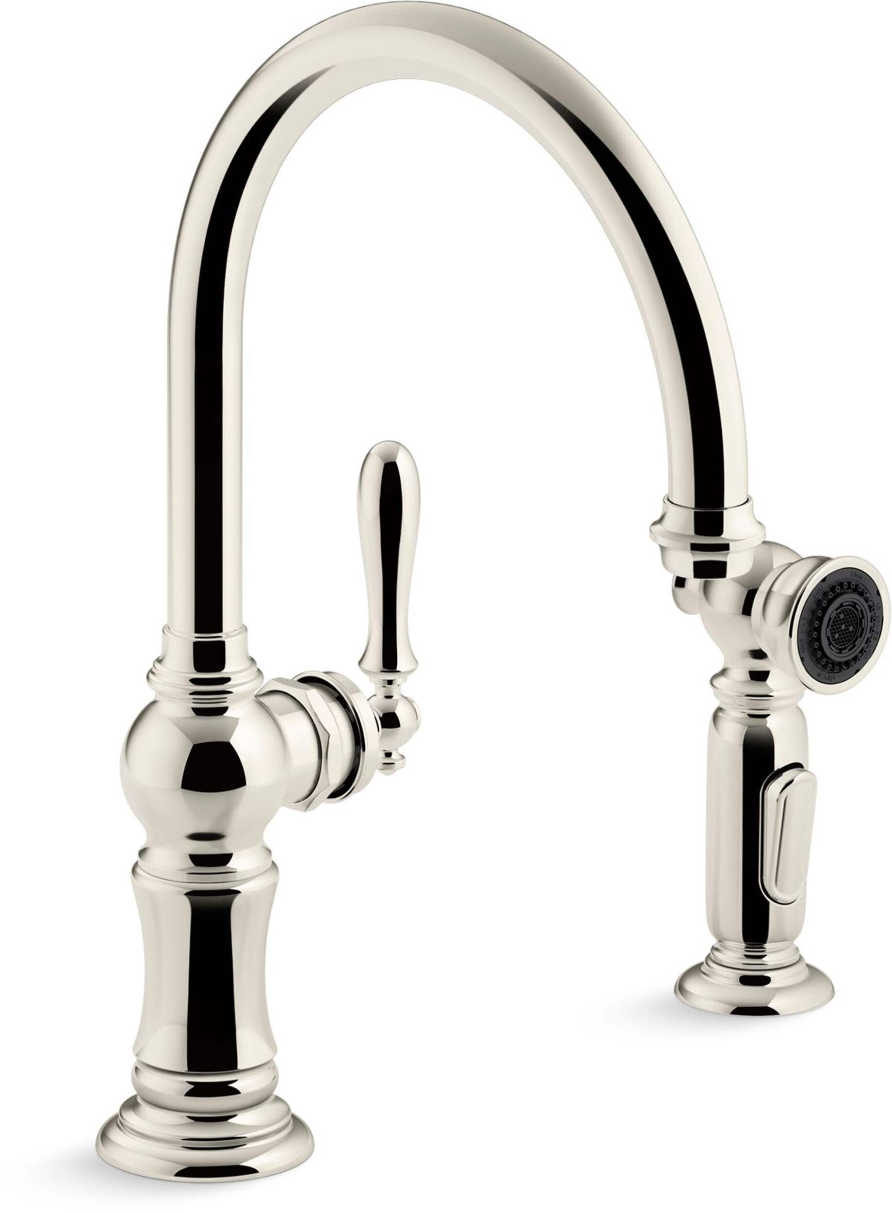 Kohler Artifacts® Double Hole Kitchen Sink Faucet with 14-11/16" Swing Spout, Two Function Side Spray, Vibrant Polished Nickel Front_Three_Fourths_Angled_Right