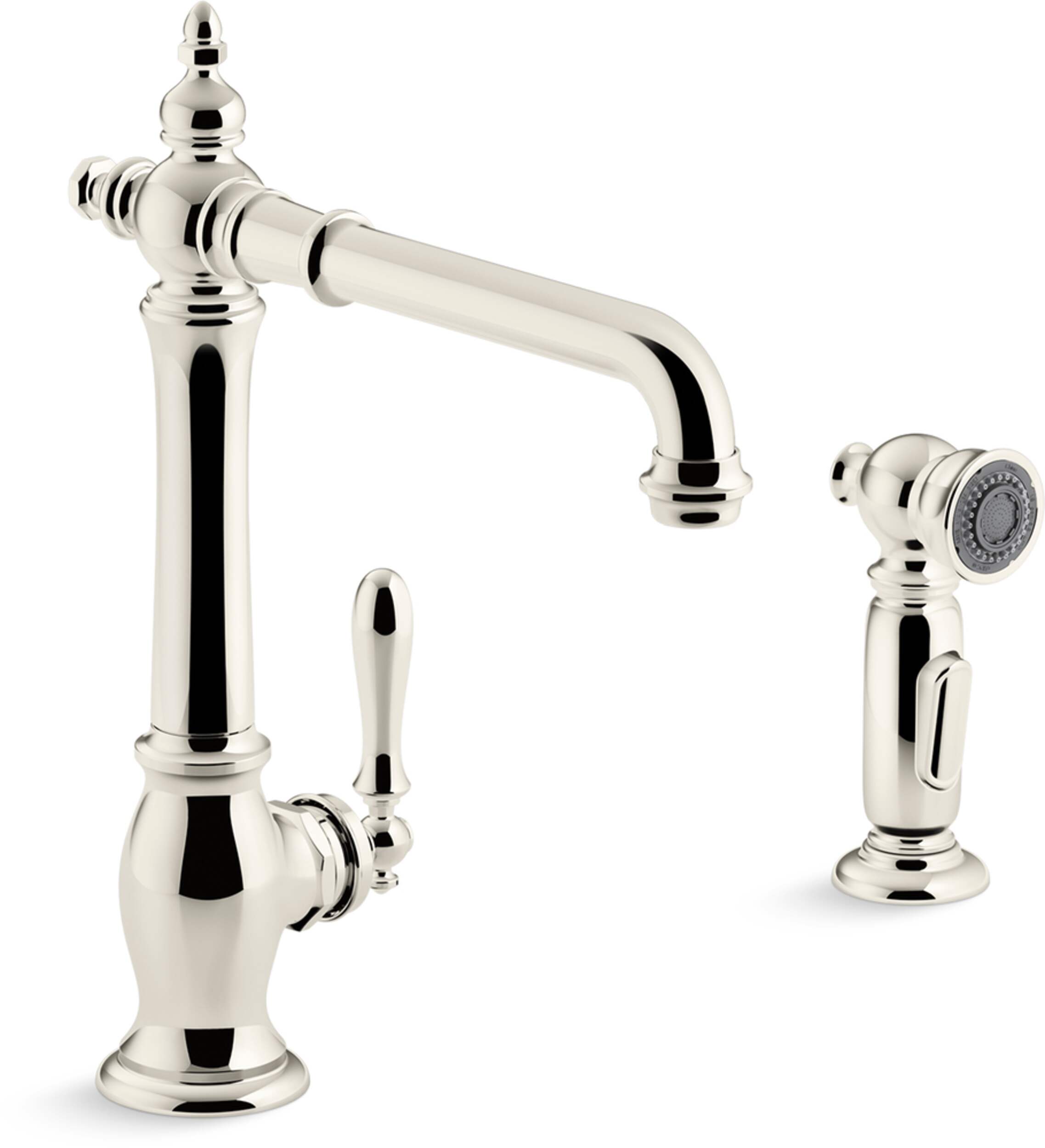 Kohler Artifacts® Double Hole Kitchen Sink Faucet with 13-1/2" Swing Spout, Victorian Spout Design, Vibrant Polished Nickel Front_Three_Fourths_Angled_Right