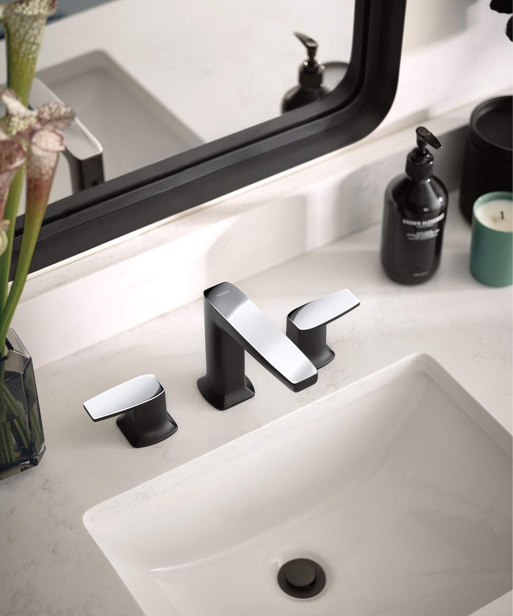 Moen Via TwoHandle Widespread Bathroom Faucet, Matte Black/Chrome
