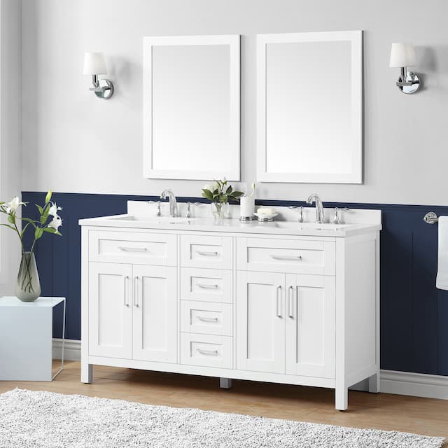 OVE Boise 4-Door Double Sink Stone Top Bathroom Vanity, White, 60-in ...