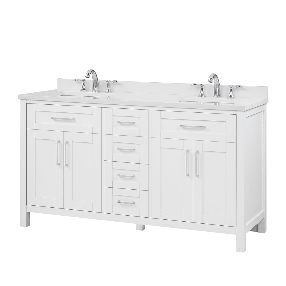 OVE Boise 4Door Double Sink Stone Top Bathroom Vanity, White, 60in