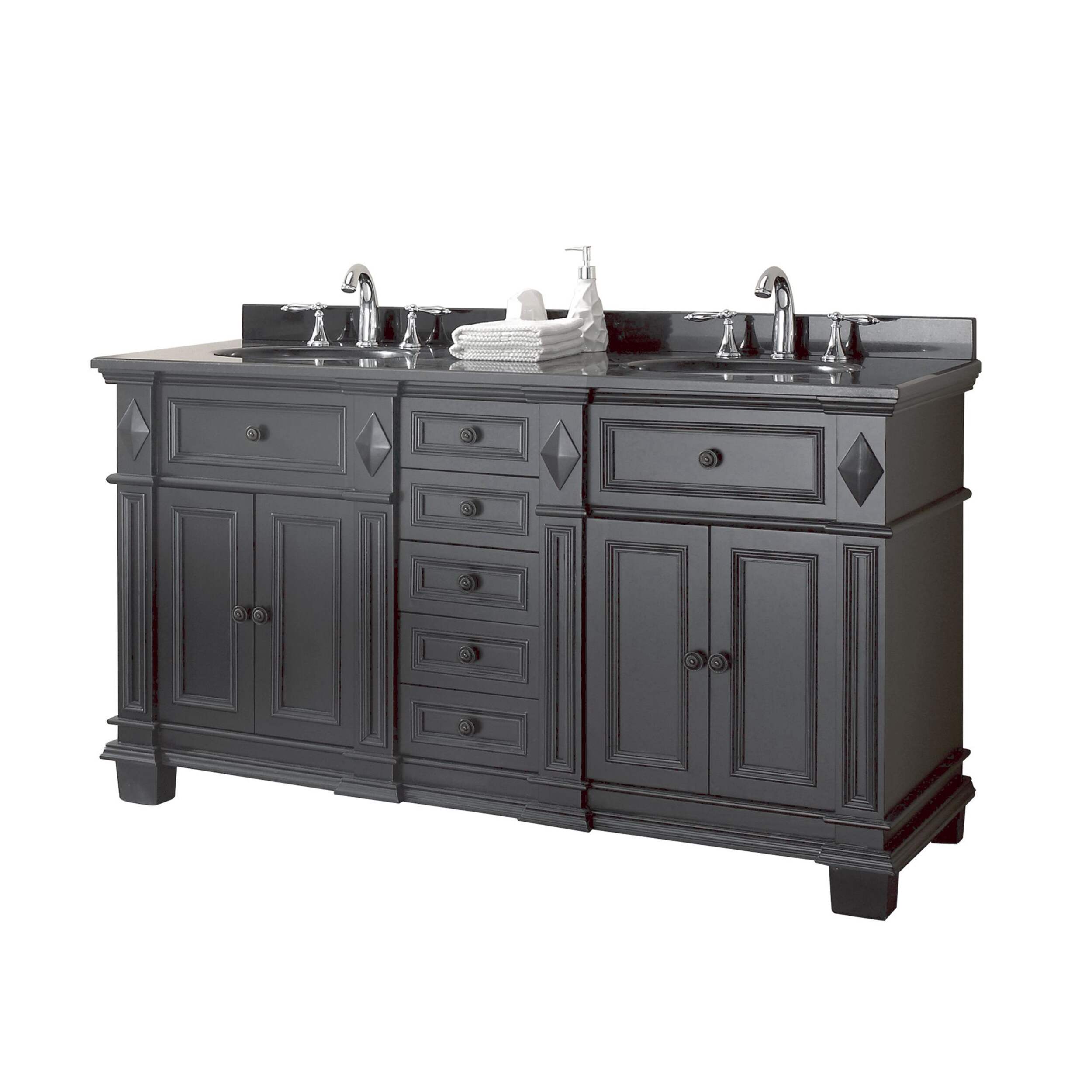 Meuble-lavabo double OVE Essex à 4 portes, dessus en marbre, noir antique, 60 po Front_Angled_Left