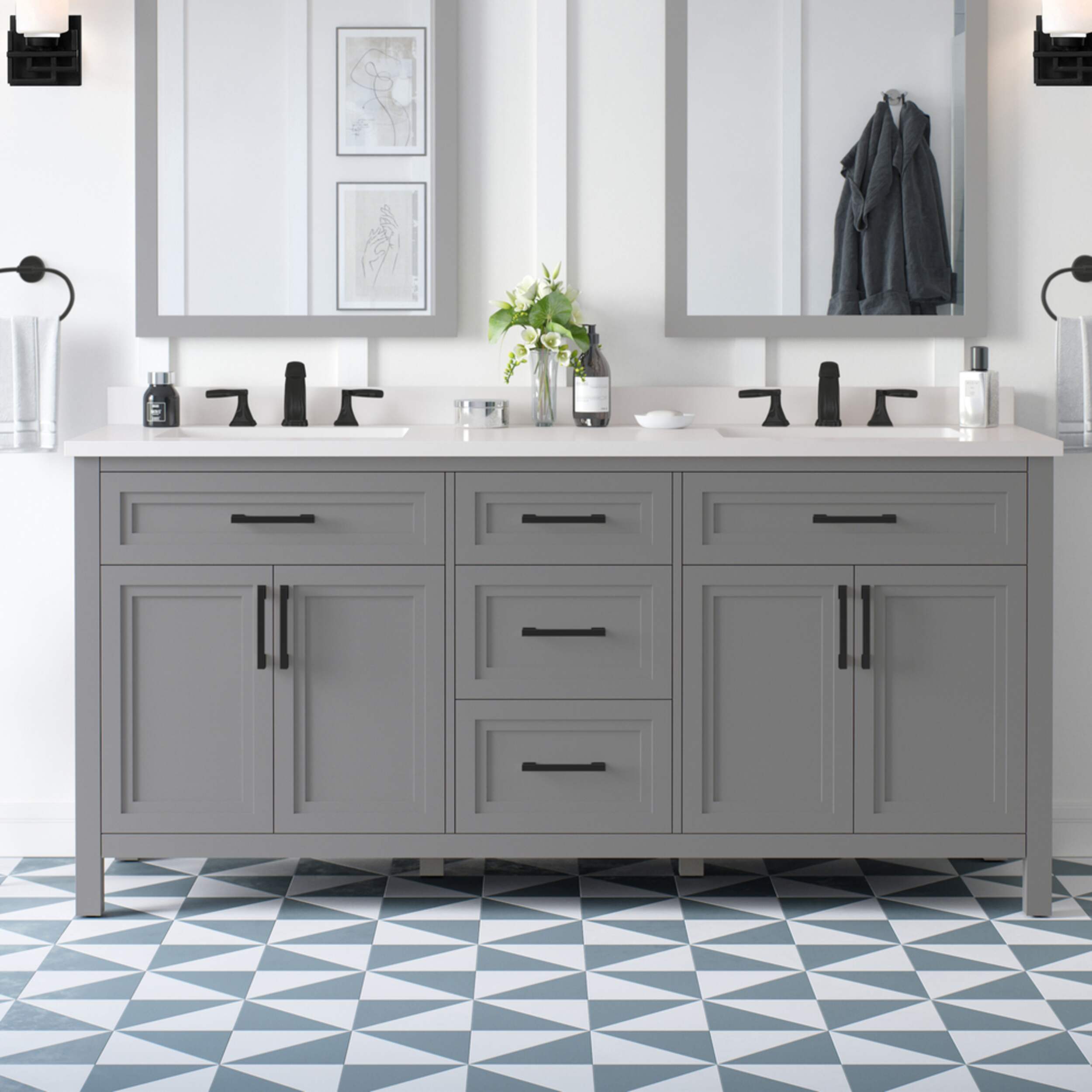 OVE Laney 4Door Double Sink Stone Top Bathroom Vanity with Builtin Power Bar, American Grey