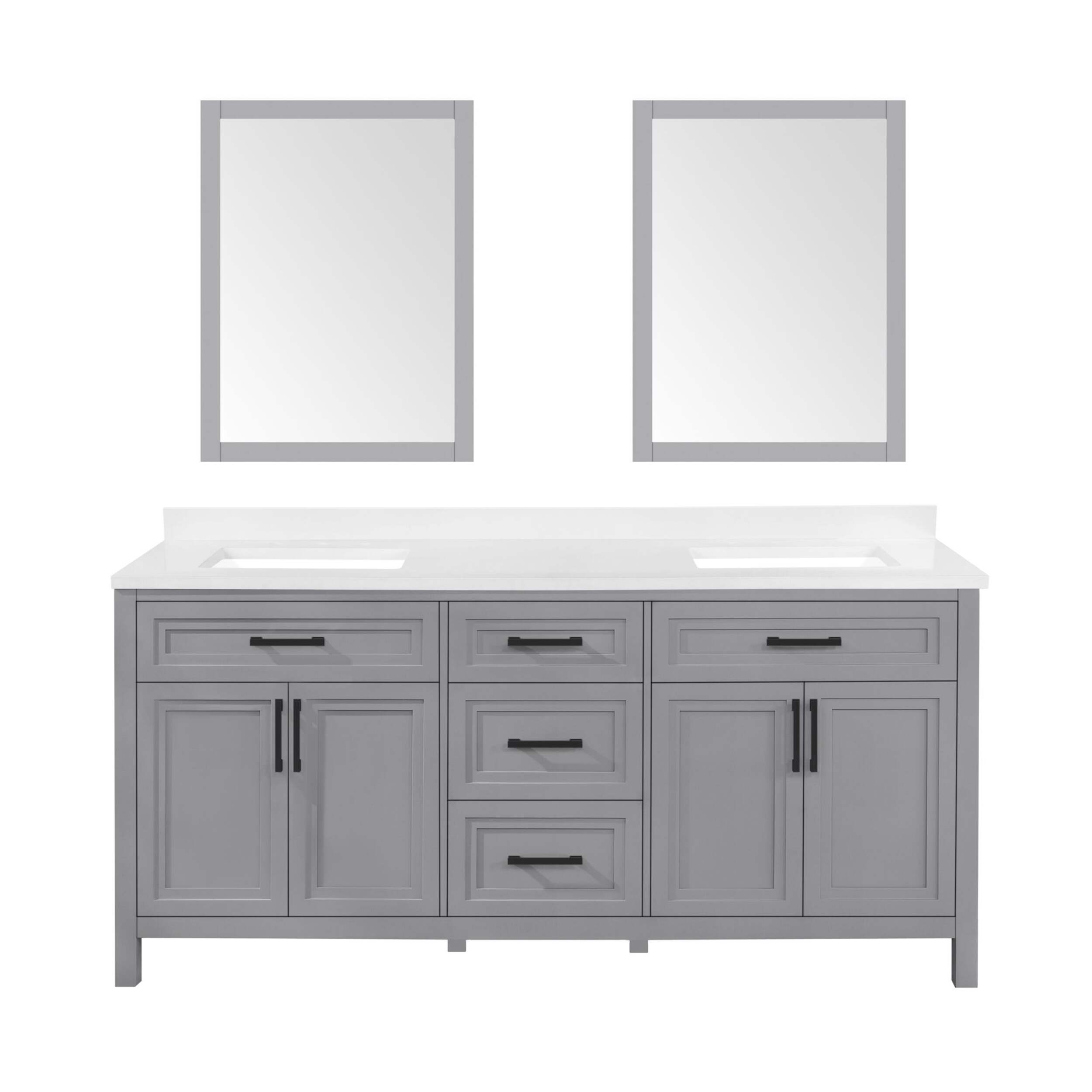 Meuble-lavabo double OVE Laney à 4 portes, dessus en pierre et barre d'alimentation intégrée, gris américain, 72 po Front_Flat