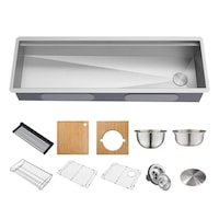 Évier de cuisine sous comptoir à 2 niveaux KRAUS Kore, calibre 16, avec ensemble de chef 11 pièces, 57 po Composite_or_Mixed