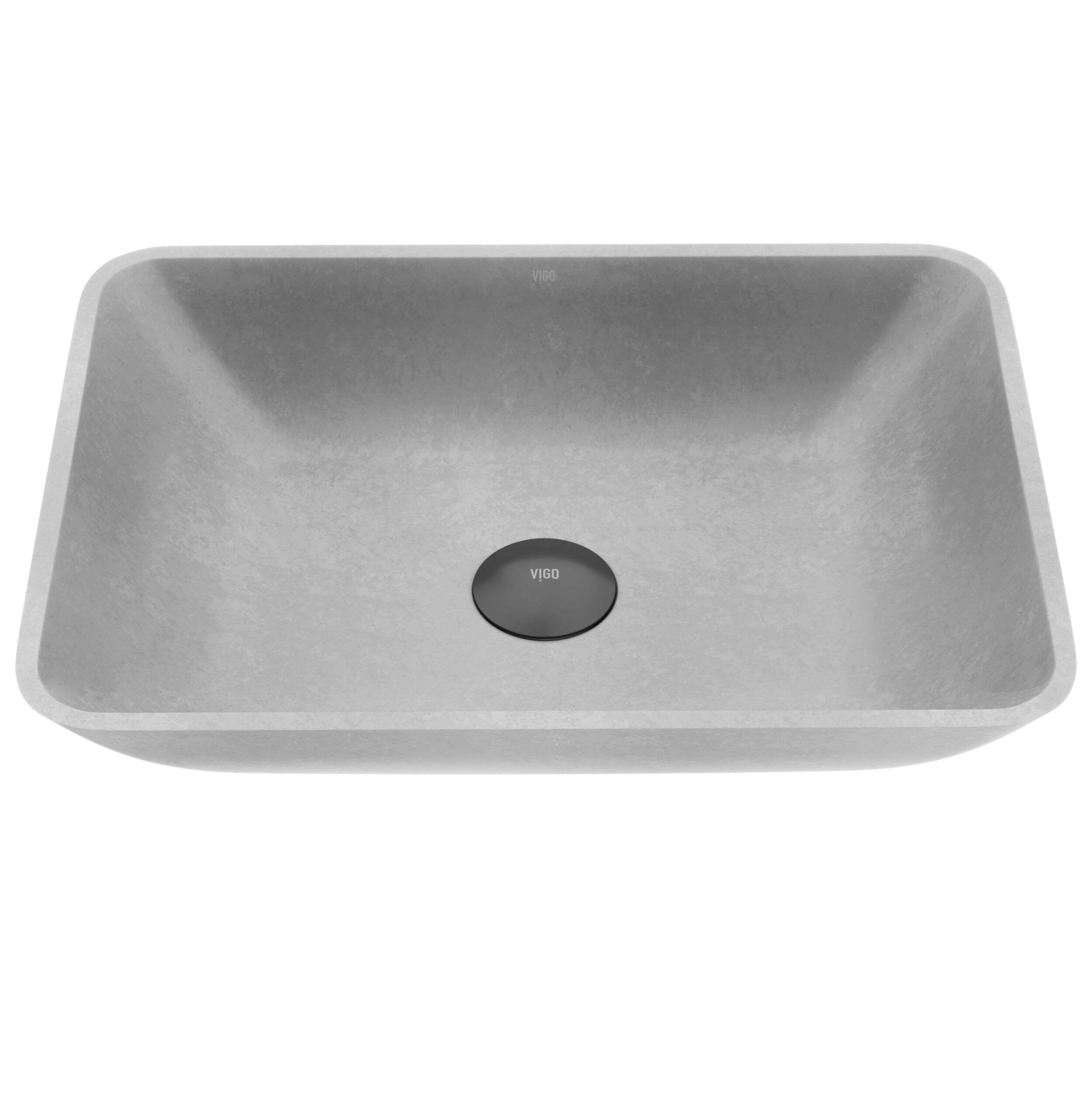 VIGO Duomo Gothic ConcretoStone™ Rectangular Vessel Bathroom Sink/Basin with Deep Bowl, Grey Overhead_Plunge