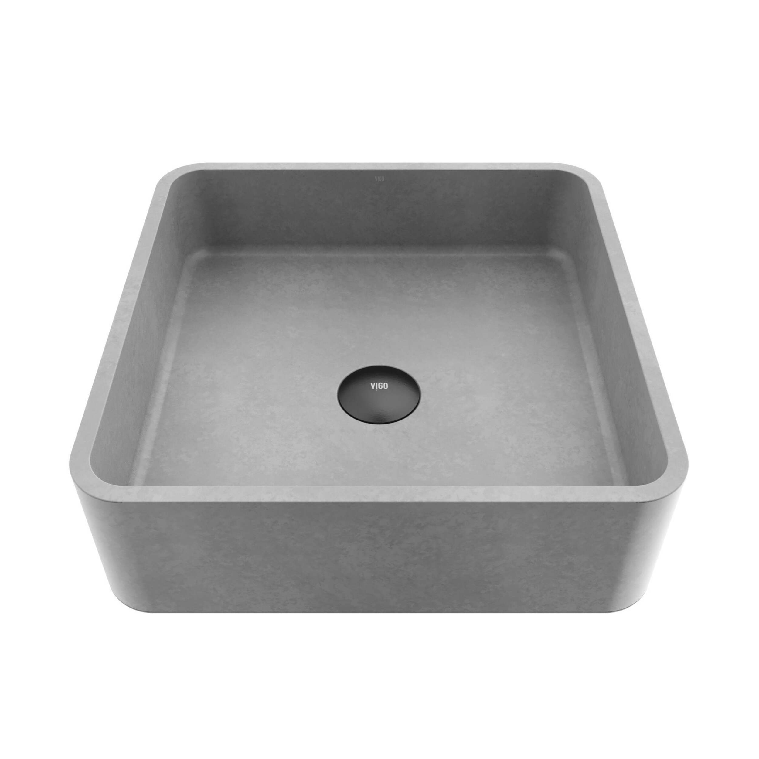 VIGO Navona Gothic ConcretoStone™ Square Vessel Bathroom Sink/Basin with Deep Bowl, 15-in, Grey Overhead_Plunge