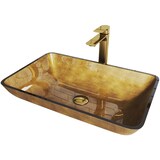 VIGO Copper Glass Rectangular Vessel Bathroom Sink/Basin Set in Copper, with Norfolk Faucet & Pop-Up Drain in Matte Gold Front_Angled_Left