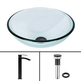 VIGO Crystalline Glass Round Vessel Bathroom Sink/Basin Set in Iridescent, with Duris Faucet & Pop-Up Drain in Matte Black Composite_or_Mixed