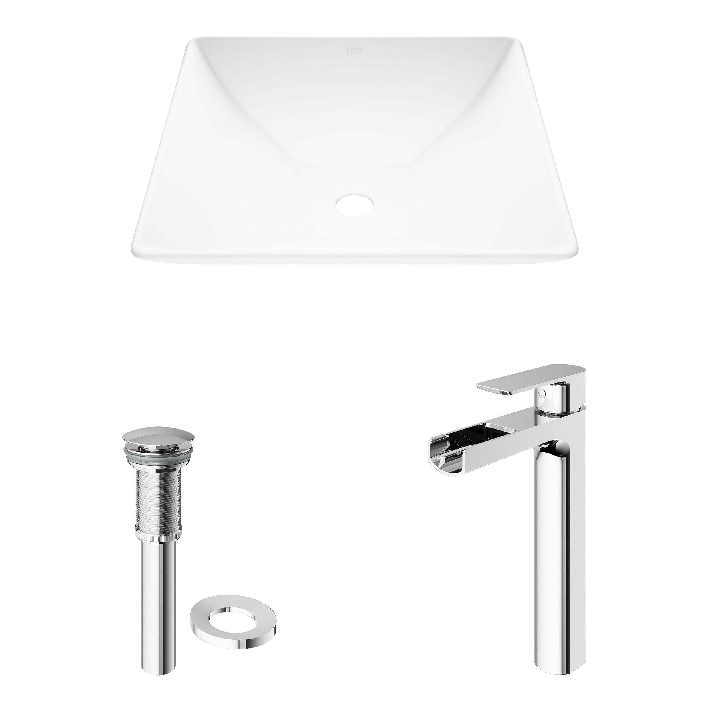 VIGO Hibiscus MatteStone™ Square Composite Vessel Bathroom Sink/Basin Set in White, with Amada Faucet & Pop-Up Drain in Chrome Composite_or_Mixed