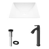 VIGO Hibiscus MatteStone™ Square Composite Vessel Bathroom Sink/Basin Set in White, with Linus Faucet & Pop-Up Drain in Matte Black Composite_or_Mixed