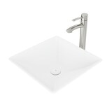 VIGO Hibiscus MatteStone™ Square  Composite Vessel Bathroom Sink/Basin Set in White, with Milo Faucet & Pop-Up Drain in Brushed Nickel Overhead_Plunge