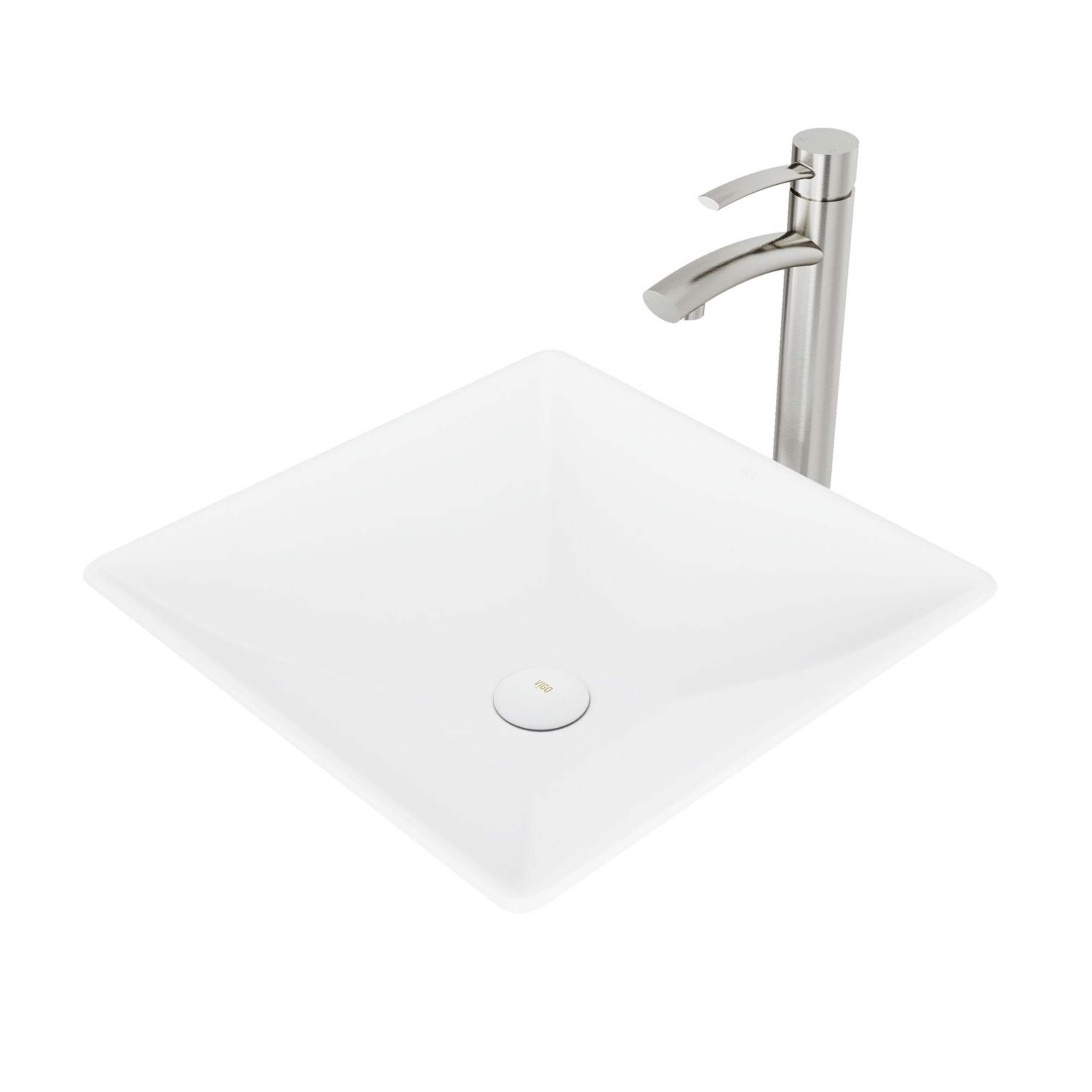 VIGO Hibiscus MatteStone™ Square  Composite Vessel Bathroom Sink/Basin Set in White, with Milo Faucet & Pop-Up Drain in Brushed Nickel Overhead_Plunge