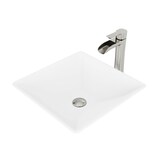 VIGO Hibiscus MatteStone™ Square Composite Vessel Bathroom Sink/Basin Set in White, with Niko Faucet & Pop-Up Drain in Brushed Nickel Overhead_Plunge