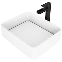 VIGO Jasmine MatteStone™ Rectangular Composite Vessel Bathroom Sink/Basin Set in White, with Amada Faucet & Pop-Up Drain in Matte Black Front_Angled_Left