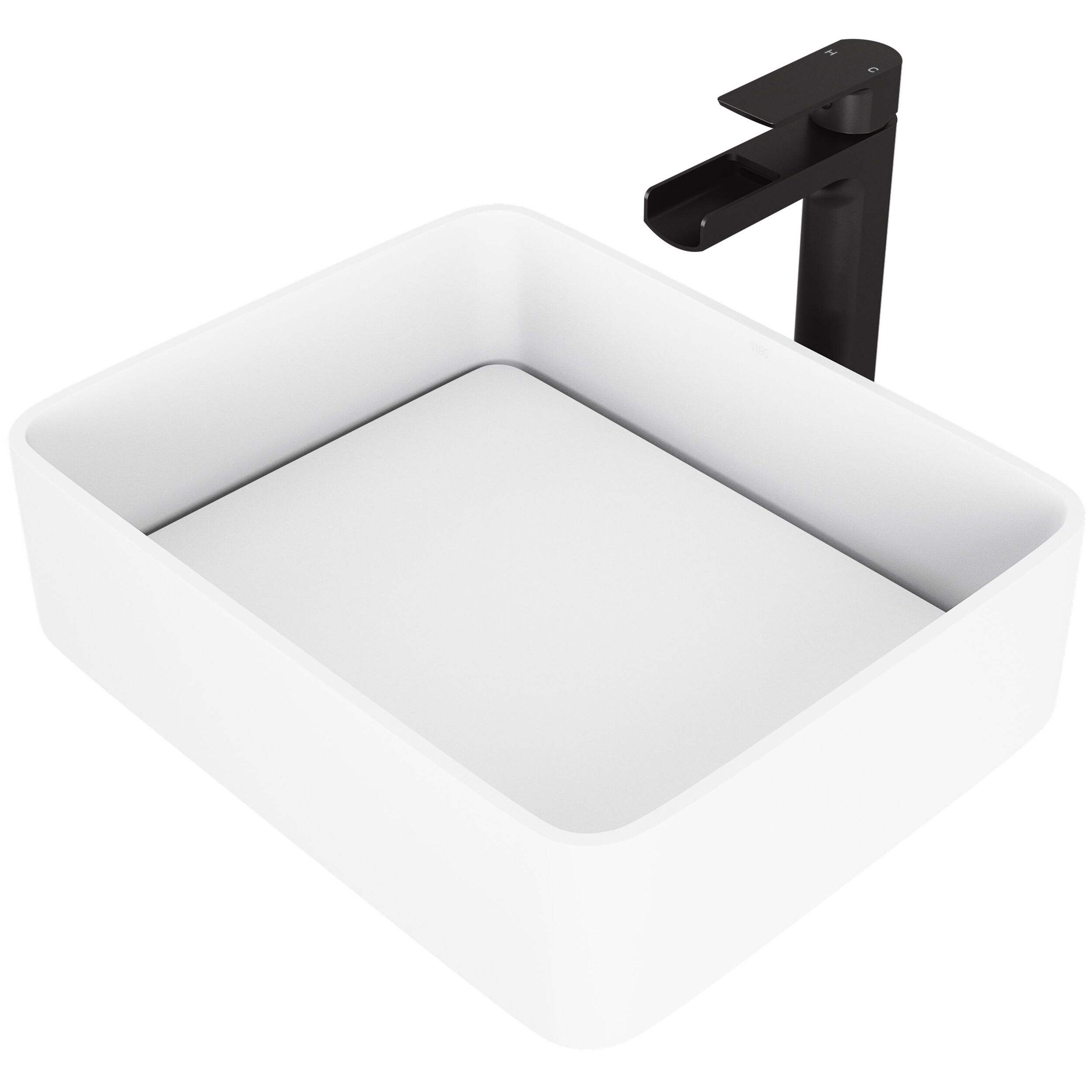 VIGO Jasmine MatteStone™ Rectangular Composite Vessel Bathroom Sink/Basin Set in White, with Amada Faucet & Pop-Up Drain in Matte Black Front_Angled_Left