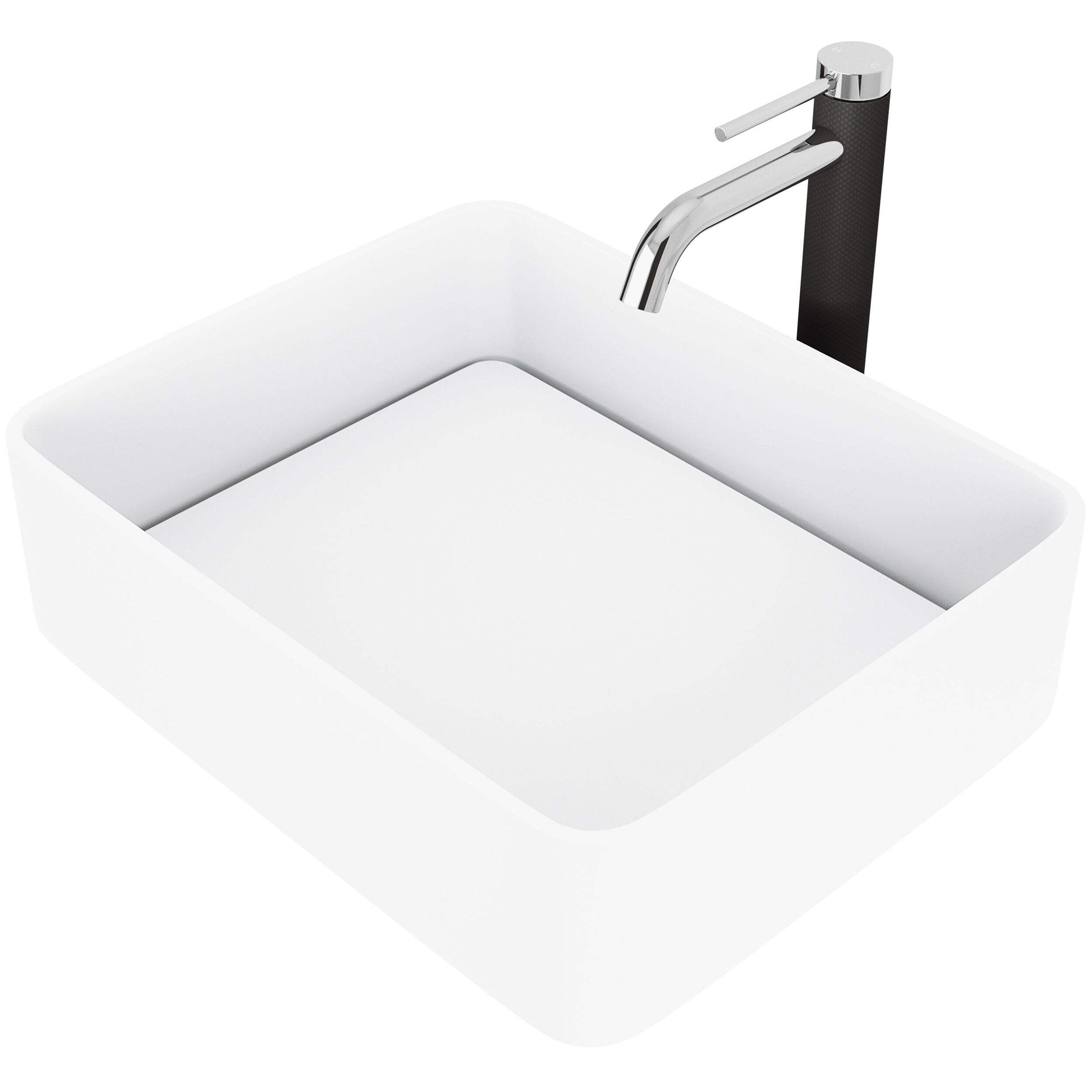VIGO Jasmine MatteStone™ Rectangular Composite Vessel Bathroom Sink/Basin Set in White, with Lexington Faucet & Pop-Up Drain in Chrome Front_Angled_Left