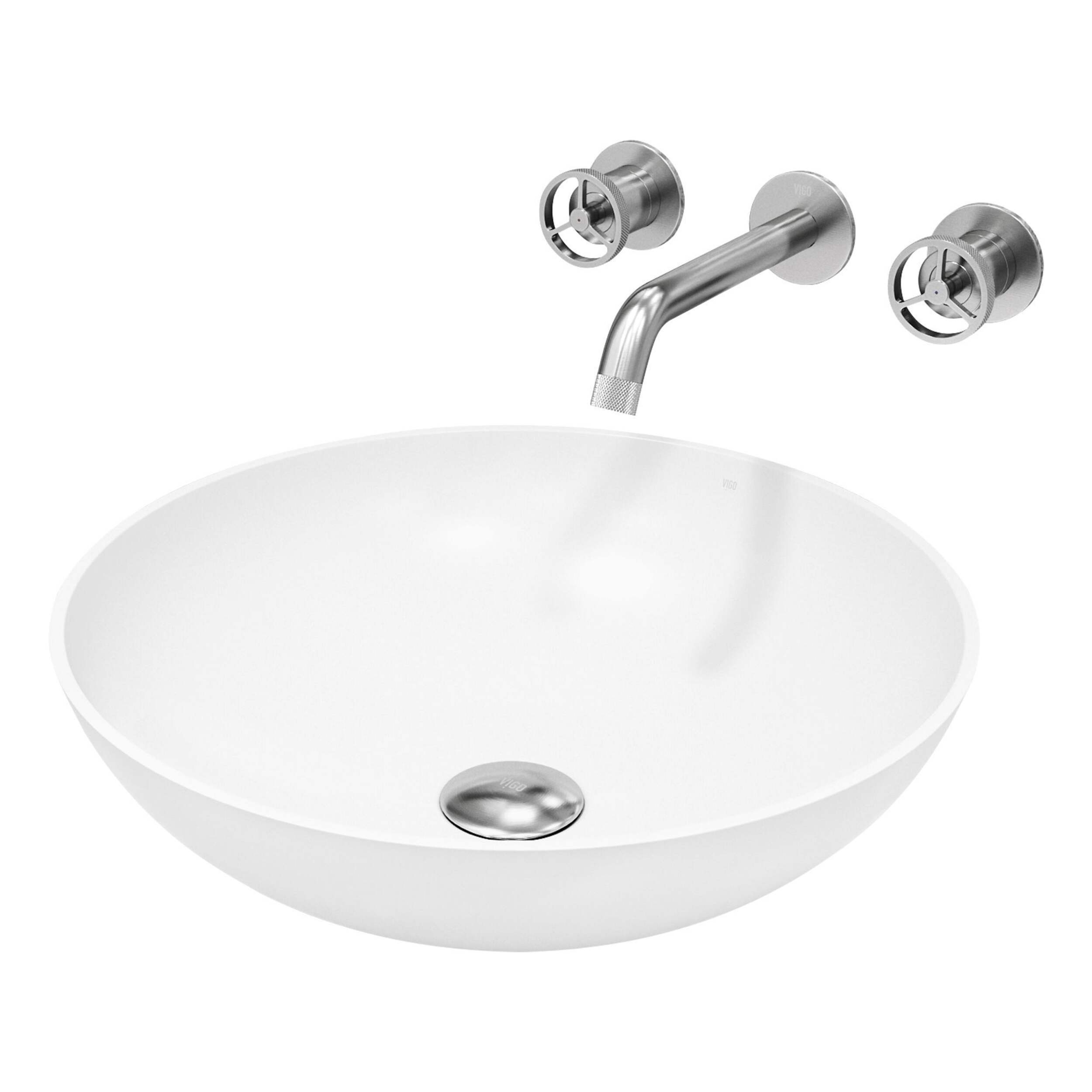 VIGO Lotus MatteStone™ Round Composite Bathroom Sink/Basin Set in White, with Cass Wall Mount Faucet & Pop-Up Drain in Matte Black Front_Angled_Left