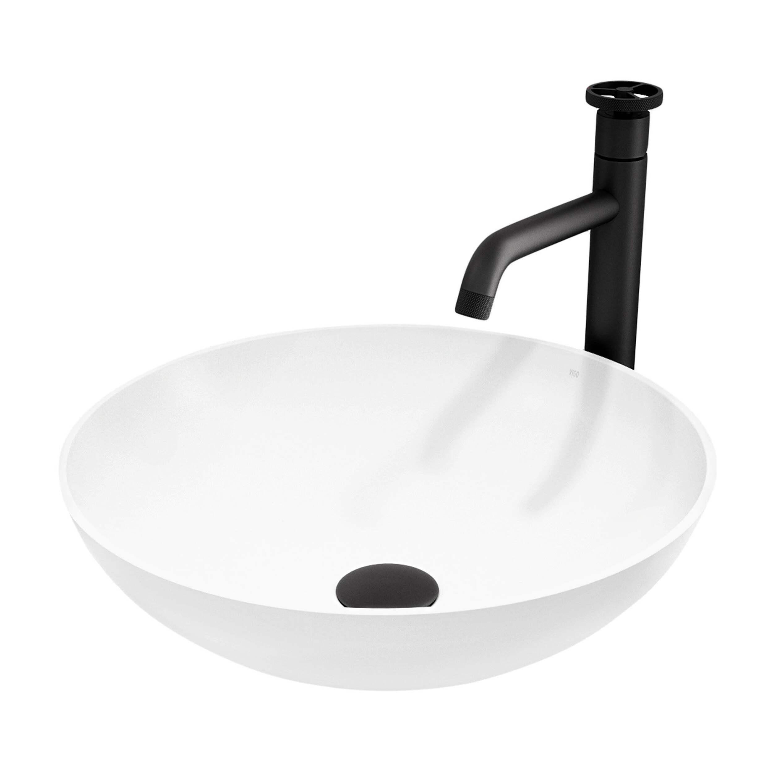 VIGO Lotus MatteStone™ Round Composite Bathroom Sink/Basin Set in White, with Cass Faucet & Pop-Up Drain in Matte Black Front_Angled_Left