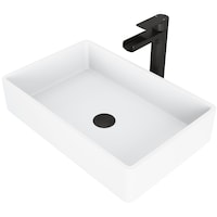 VIGO Magnolia MatteStone™ Rectangular Composite Vessel Bathroom Sink/Basin Set in White, with Amada Faucet & Pop-Up Drain in Matte Black Front_Angled_Left