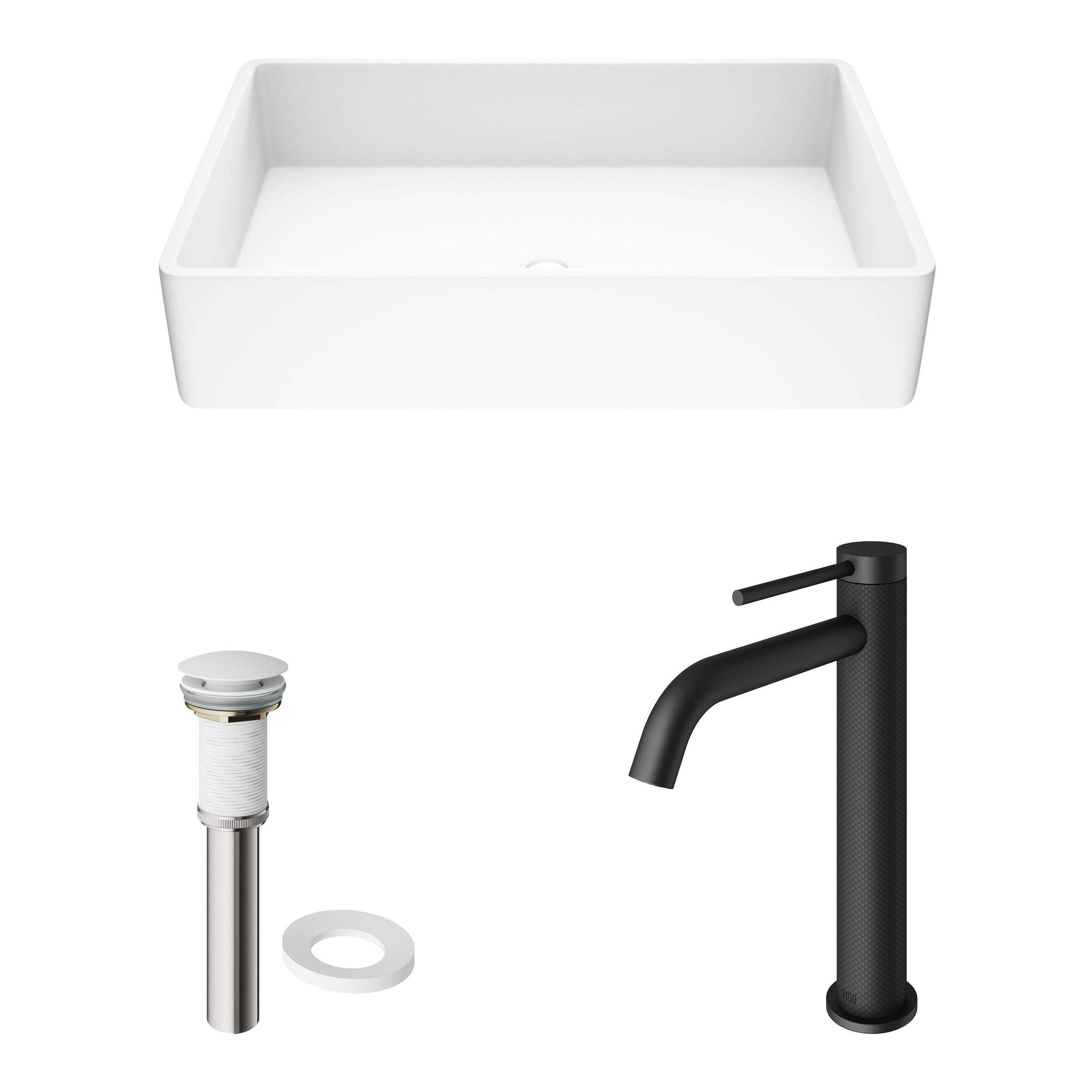 VIGO Magnolia MatteStone™ Rectangular Composite Vessel Bathroom Sink/Basin Set in White, with Lexington Faucet & Pop-Up Drain in Matte Black Composite_or_Mixed