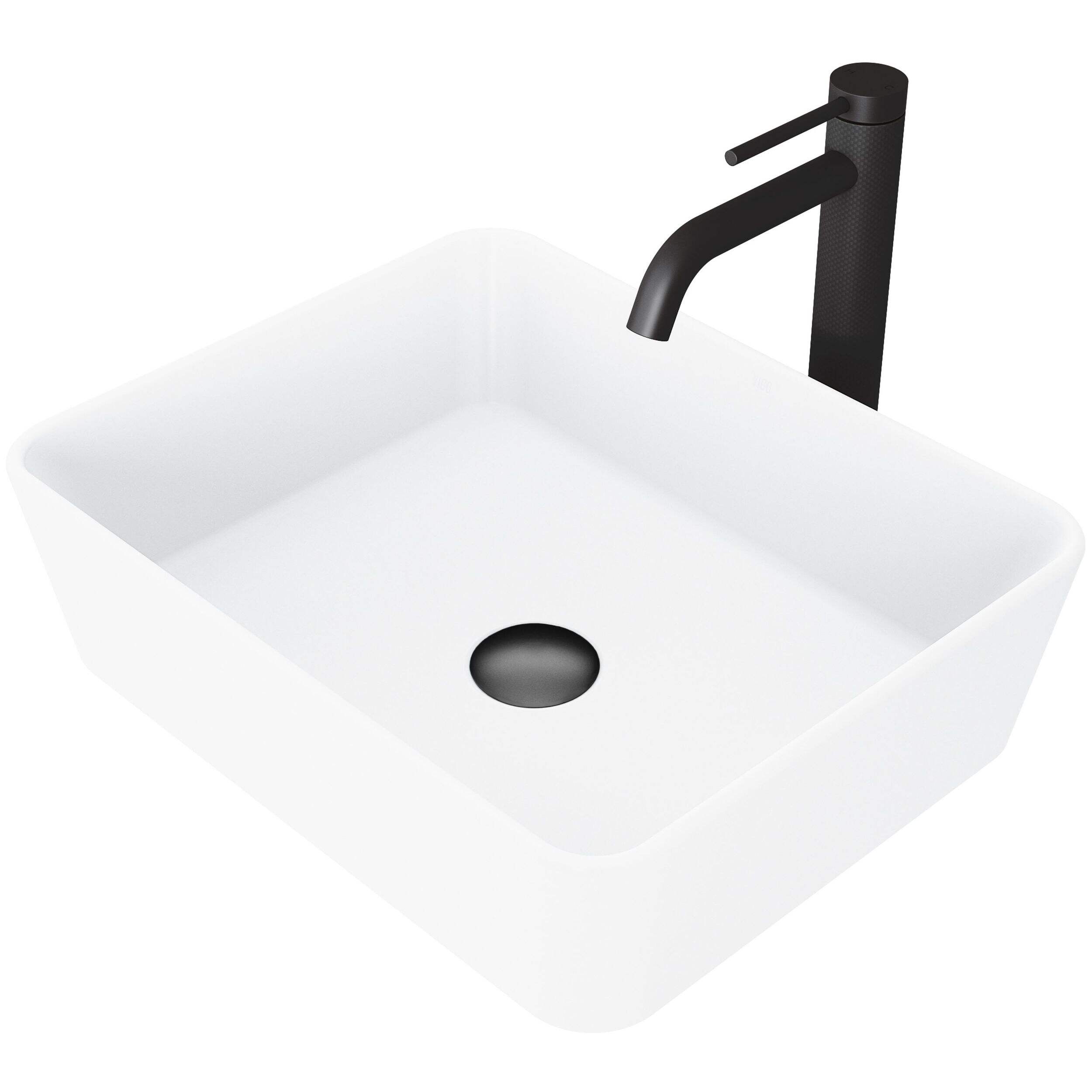 VIGO Marigold MatteStone™ Rectangular Composite Vessel Bathroom Sink/Basin Set in Matte White, with Lexington Faucet & Pop-Up Drain in Matte Black Front_Angled_Left
